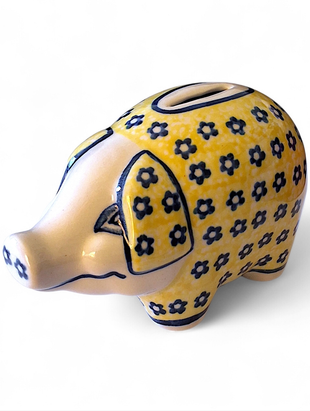 Polish Pottery Piggy Bank Yellow Floral Handmade Ceramic Coin Bank
